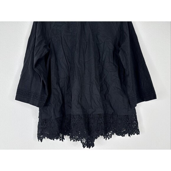LOGO Lavish by Lori Goldstein Woven Button Front Top with Lace Trim Size M Black - Picture 7 of 13